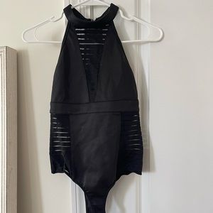 Black thong halter bodysuit